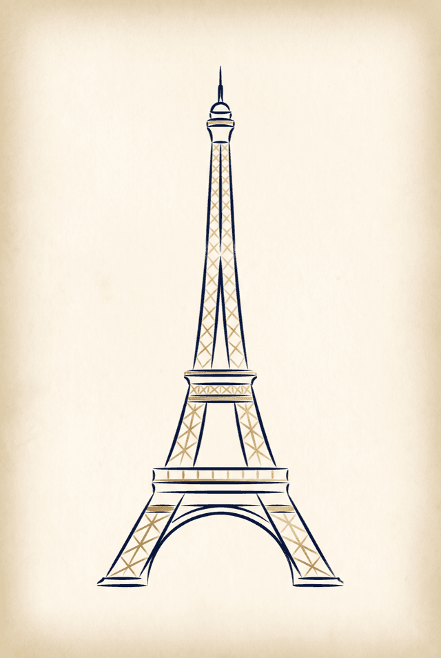 A line illustration of the Eiffel Tower in navy ink with gold leaf accents on cream parchment.